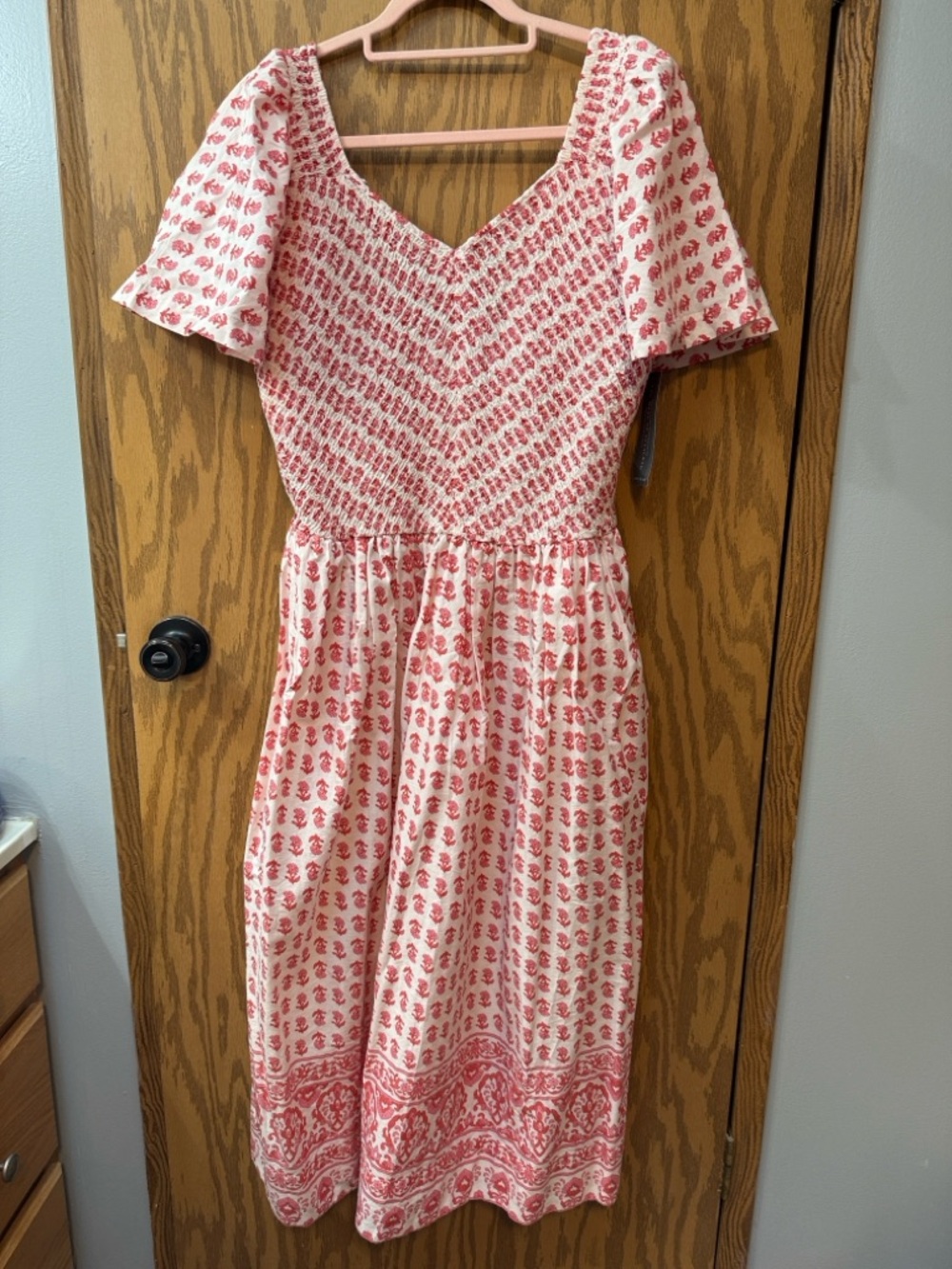 Lane Bryant Cream and Coral Floral Smocked Midi Dress with V-Neck